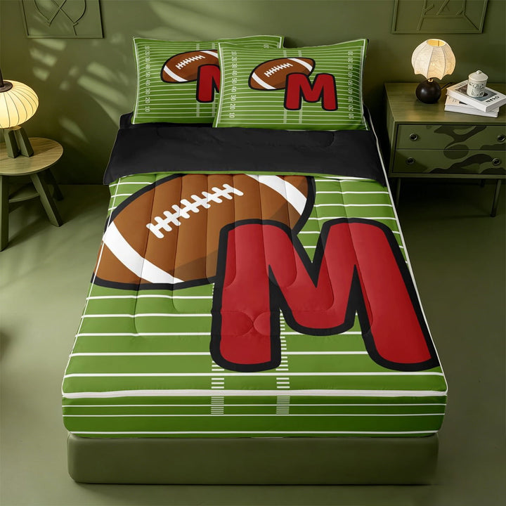 meiyoeat Cute Personalized Monogram Print Zipper Twin Comforter Sets with Fitted Sheet and 2 Pillowcases For Boys,American Rugby Theme Alphabet M Zipper Bedding Set For Kids,black Reversible,4-Piece