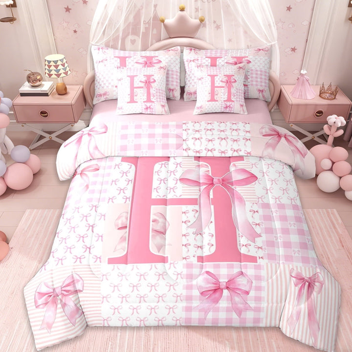 Erosebridal Cartoon Letter H Monogrammed 7-Piece Twin Bedding Sets For Kids,Pink Ribbon Bowtie Bedding Comforter Set For Bowknot Girls,Pink Reversible