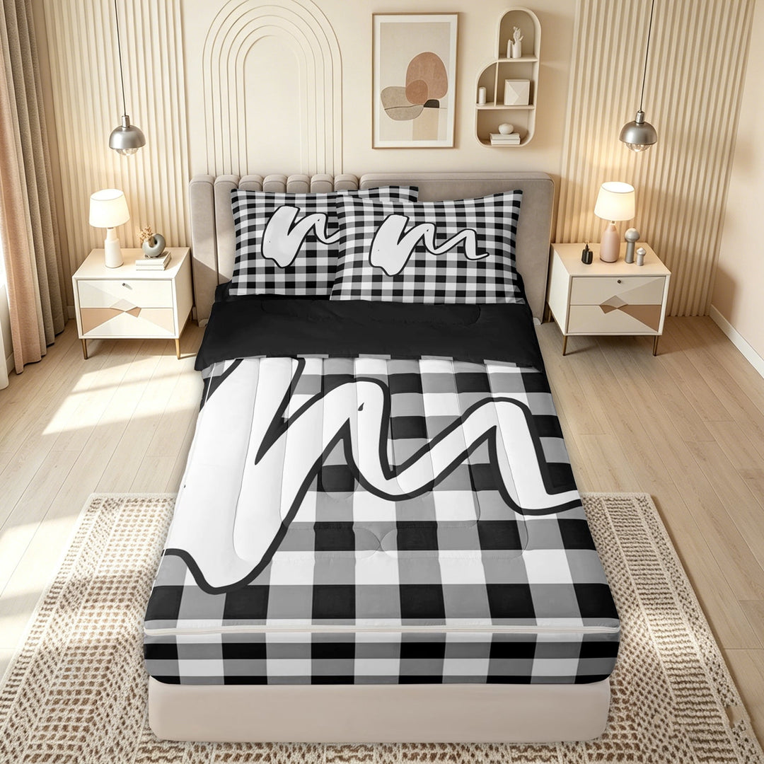 meiyoeat Graffiti Letter M Zipper Comforter Set with Fitted Sheet and 2 Pillowcases for Boys, Checkered Grid Zipper Bedding Set for Kids, Black White, Black Reversible, 3 Pieces