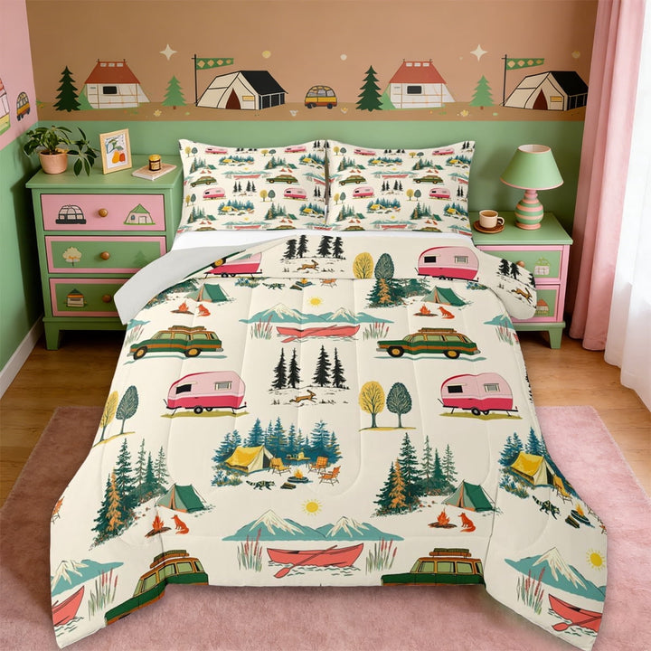 Erosebridal RV Trailers Camper Full Size Comforter Sets,Rustic Cabin Adventure Bedding Sets For Boys Kids,Reversible lightgray,3-Piece