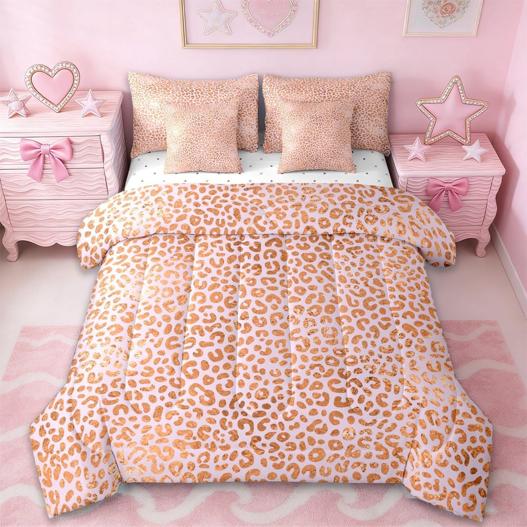 Erosebridal Pink Gold Leopard 7-Piece Twin Bedding Sets,Cheetah Animal Print Bedding Comforter Set For Girls Kids,Reversible