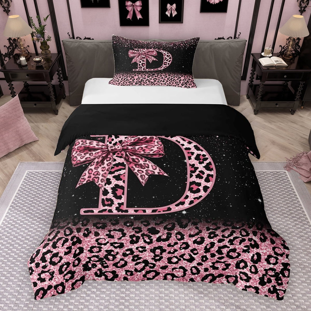 Erosebridal Cute Pink Leopard Print Twin Bedding for Girls, Bowknot Letter D Duvet Cover Set, Black Reversible 2pcs, 1 Duvet Cover and 1 Pillowcase (No Comforter)