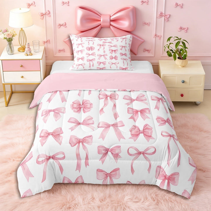 Erosebridal Girls Cartoon Bowknot Twin Comforter Sets 3-Piece,Dreamy Princess Bow Bedding Set for Teens Women,Pink Reversible,Breathable Home Decor