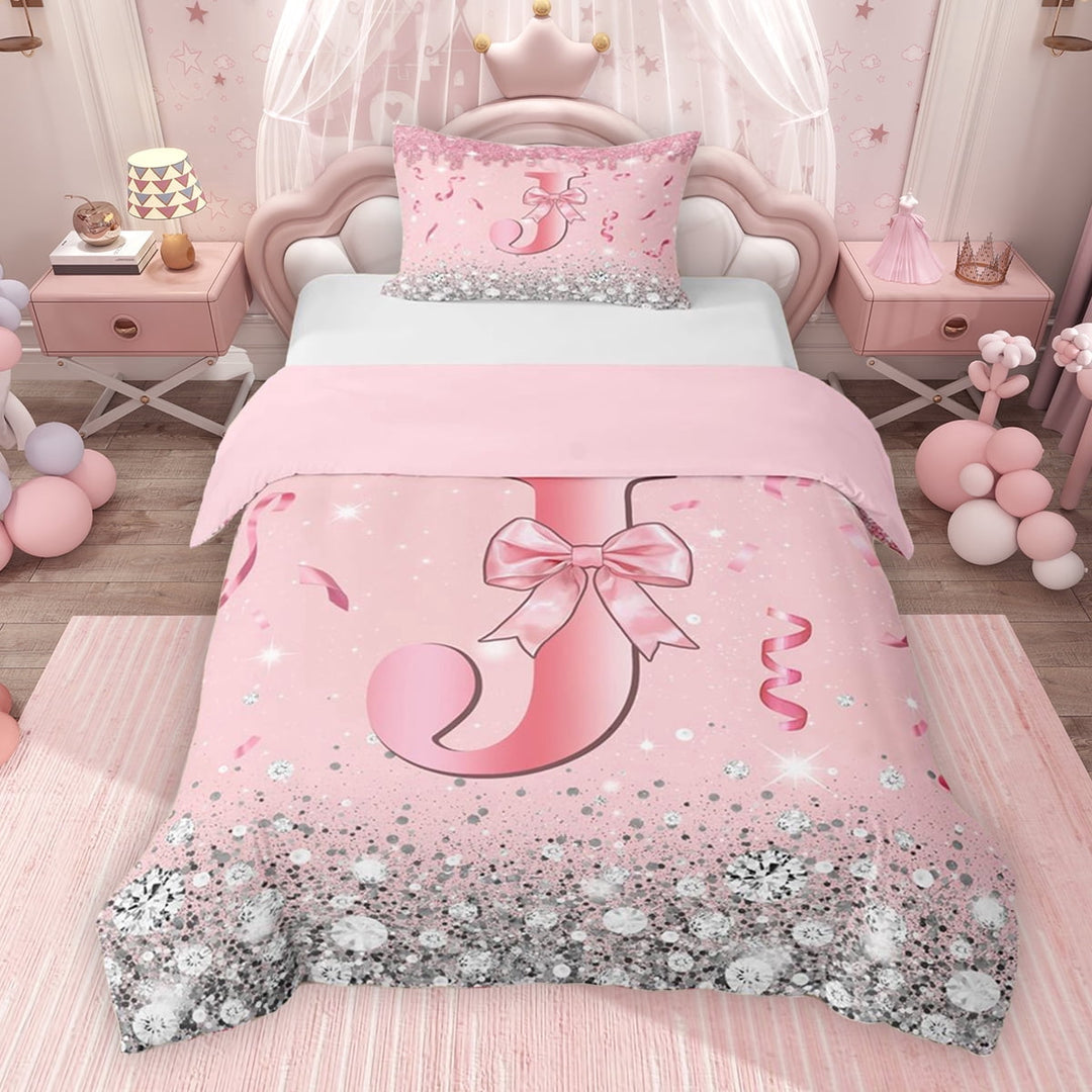Erosebridal Dreamy Glitters Print Twin Bedding for Girls, Pink Bling J Letter Duvet Cover Set, Pink Reversible 2pcs, 1 Duvet Cover and 1 Pillowcase (No Comforter)