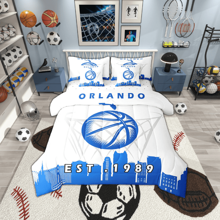 7 Pcs Comforter Set King Size,Basketball City Bed in a Bag with Flat Sheet and Fitted Sheet and Adults,Sports Bedding Set with Pillowcase and Sham,Orlando