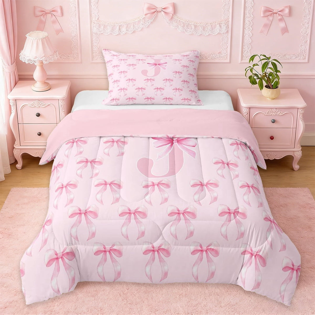 Erosebridal Fashion Bow Tie Twin Comforter Sets For Girls,Pink Letter J Initial Monogram Bedding Set,Pink Reversible,2pcs