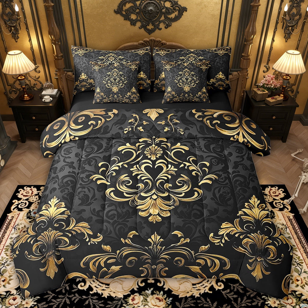 Manfei Gold Baroque Damask 7-Piece Bedding Sets Full Size, Hippie Flower Floral Comforter Sets with Sheets, Vintage Victorian Bedding Accessories, Breathable Bedroom Decorative