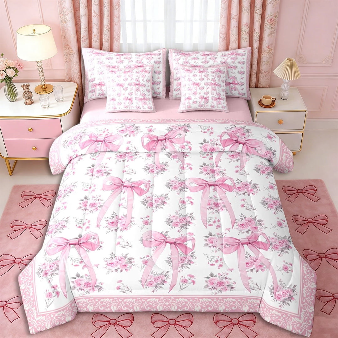 Erosebridal Vintage Ribbon Bow Twin Bedding Sets 7-Piece for Girls Women,Romantic Floral Roses Bedding Comforter Set for Teens Adults,Pink Reversible,Breathable Home Decor
