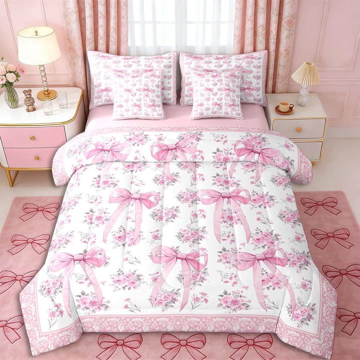 Erosebridal Vintage Ribbon Bow Twin Bedding Sets 7-Piece for Girls Women,Romantic Floral Roses Bedding Comforter Set for Teens Adults,Pink Reversible,Breathable Home Decor
