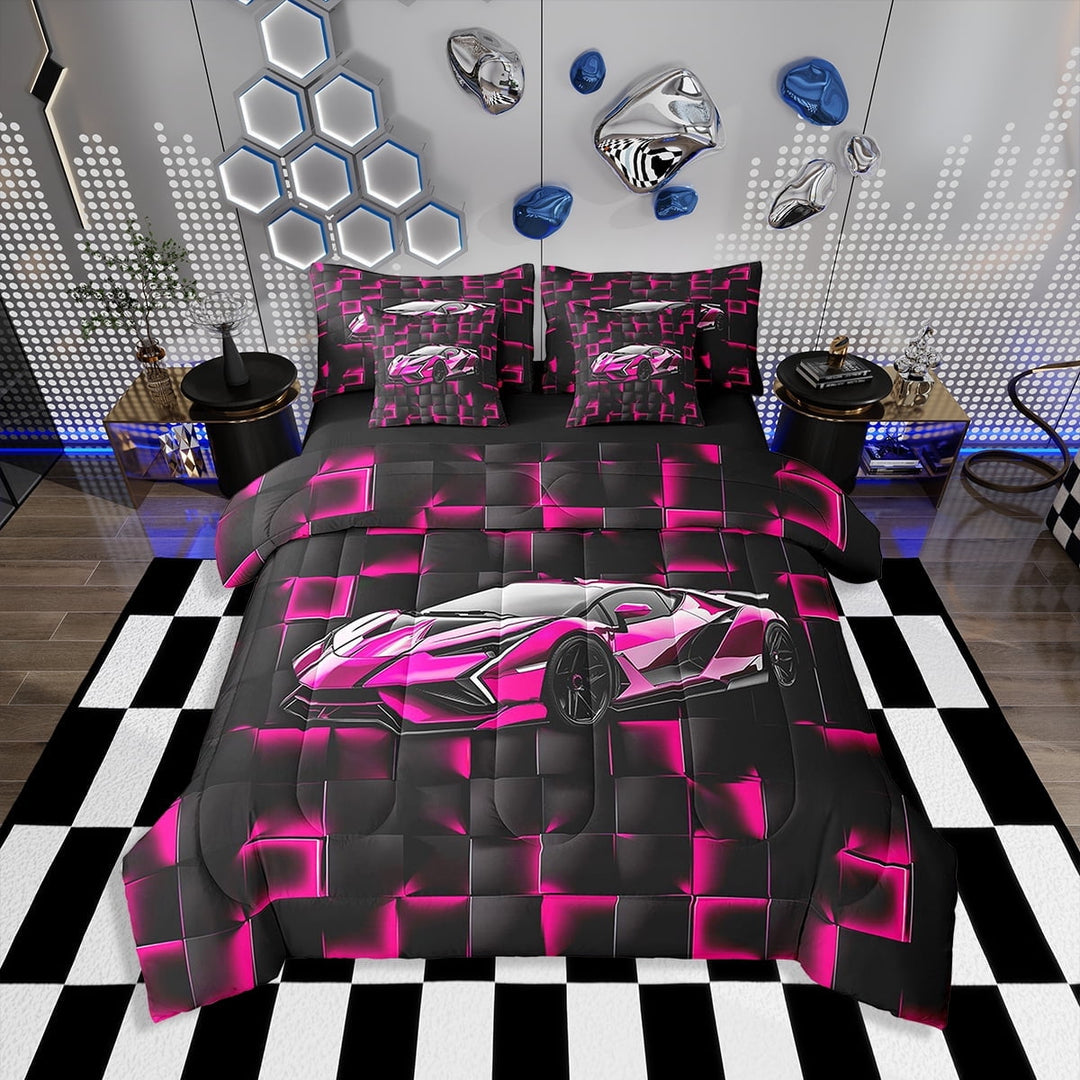 Erosebridal Cool Sports Car Bedding Sets Twin Size, Race Car Comforter Sets with Sheets, Square Geometry Decor, Reversible 7 Pieces