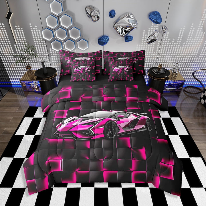 Erosebridal Cool Sports Car Bedding Sets Twin Size, Race Car Comforter Sets with Sheets, Square Geometry Decor, Reversible 7 Pieces