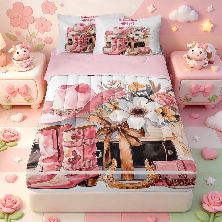meiyoeat Fashion Cowgirl Hat Zipper Full Size Comforter Sets with Fitted Sheet and 2 Pillowcases,Western Print Zipper Bedding Set,Pink Reversible,4pcs