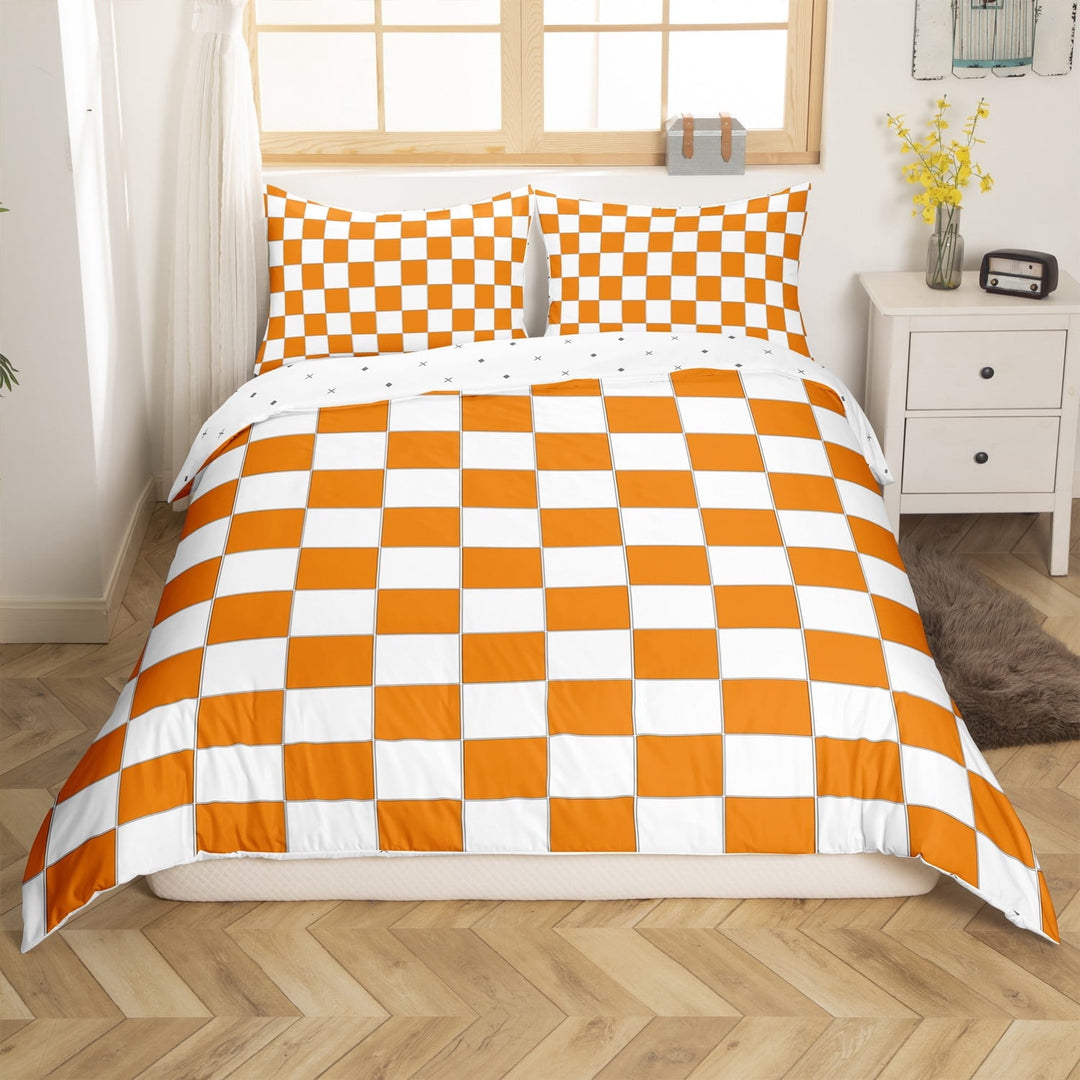 Manfei Boys Grils Mid Century Plaid 2pcs Duvet Cover Twin,Orange White Bedding Sets Twin Size,Minimalist Geometric Grid Comforter Cover Breathable,Luxury Bedroom Decor(No Comforter)