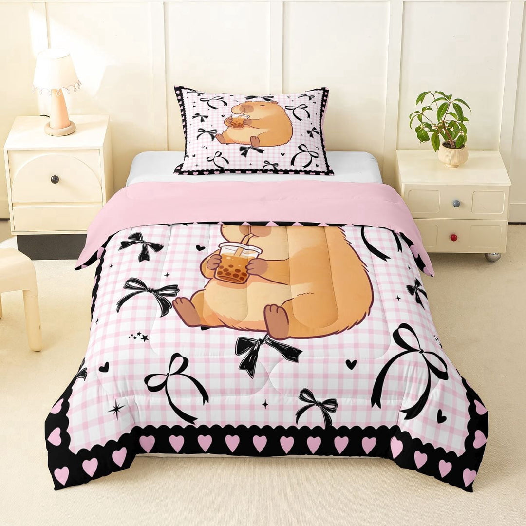 Erosebridal Kids Cute Capybara With Boba Tea Twin Comforter Sets 3-Piece,Boys Girls Black Bow Tie Geometric Plaid Bedding Set,Pink Reversible