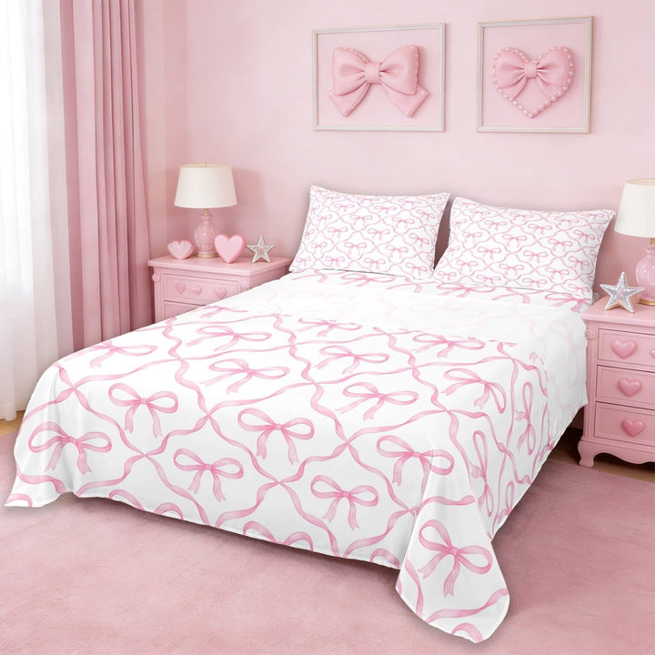 Erosebridal Pink Bows Girls Queen Sheet Sets,Girly Bowknot Princess Bed Set For Bows Lover 4pcs