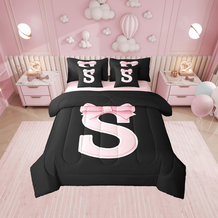 Erosebridal Girly Bowknot Bedding Twin Size, Initial Letter S Bedding Sets Twin Size, Cartoon Monogrammed Reversible Bed Set, Breathable Bedroom Decorative, 7pcs