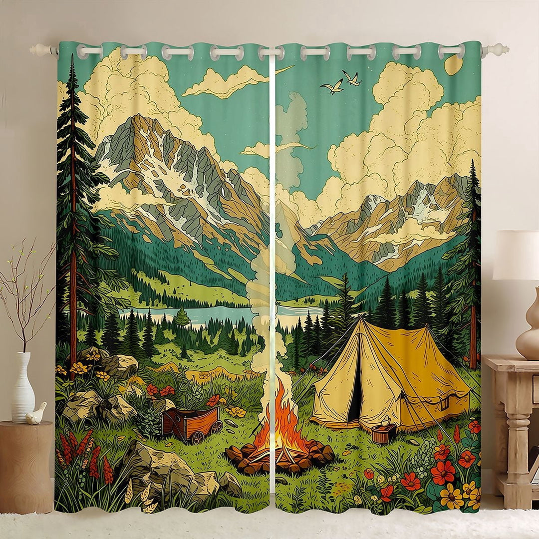 Erosebridal Yellow Tent Mountain Black Out Curtains, Lake Campfire Curtains Pack of 2 (42x63 Each) for Men and Women