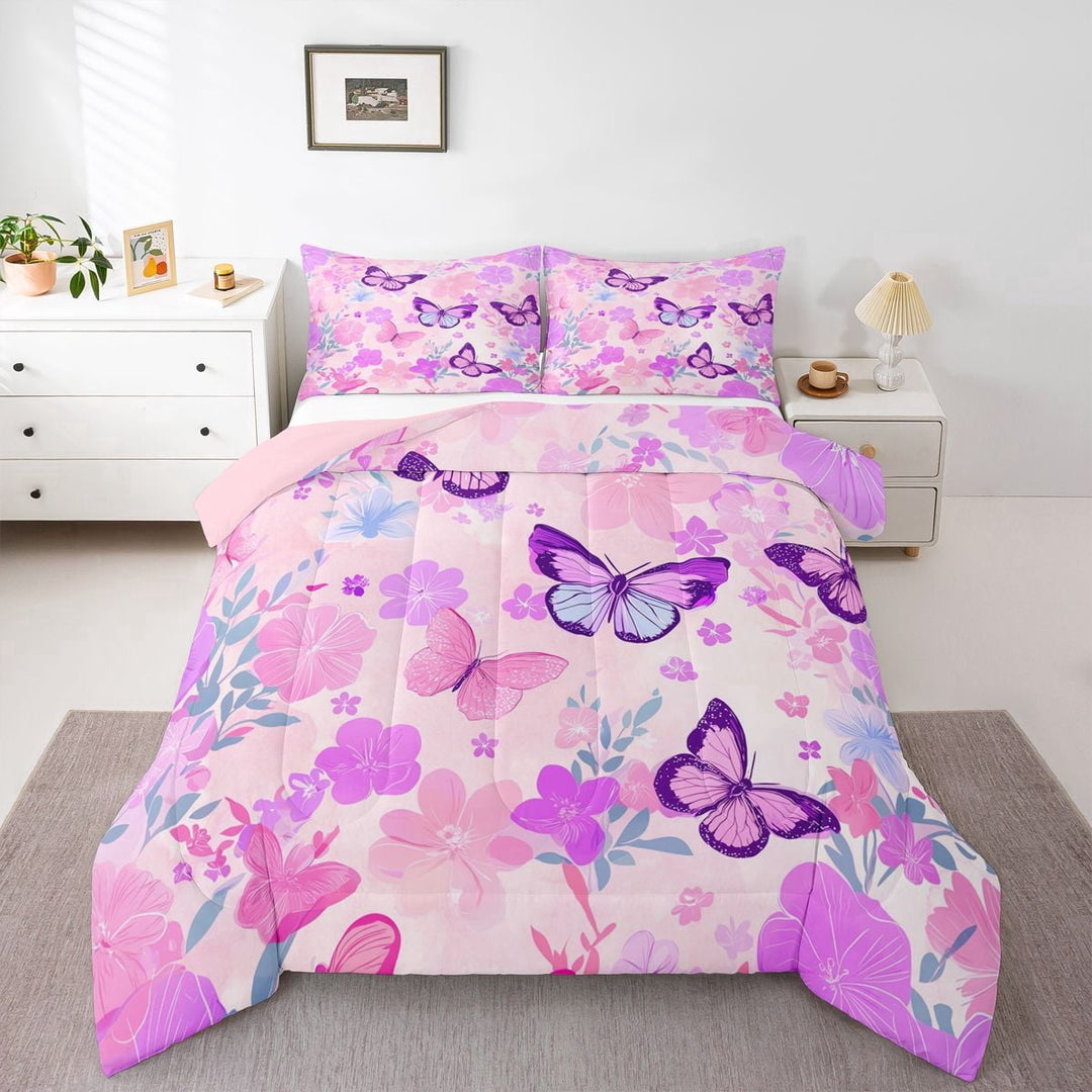 Erosebridal Flying Butterflies Full Size Comforter Sets 3 Pieces For Teens,Girls Spring Garden Flowers Bedding Sets,Pink Purple,Pink Reversible