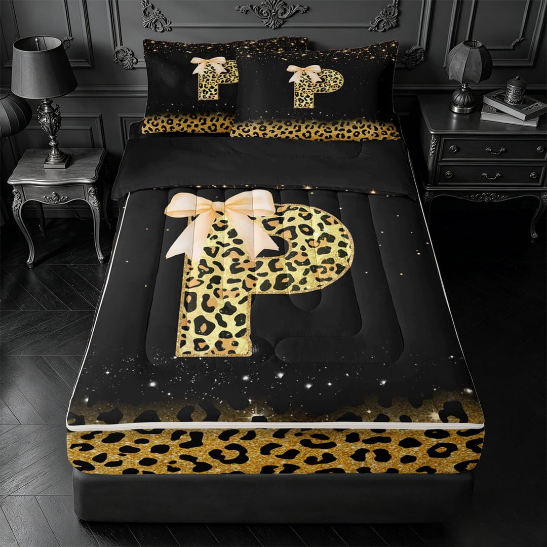 meiyoeat Cheetah Pattern Initial P Zipper Full Size Comforter Sets With Fitted Sheet And 2 Pillowcases,Glitter Print Monogram Art Zipper Bedding Set For Girl,Black Reversible,4-Piece