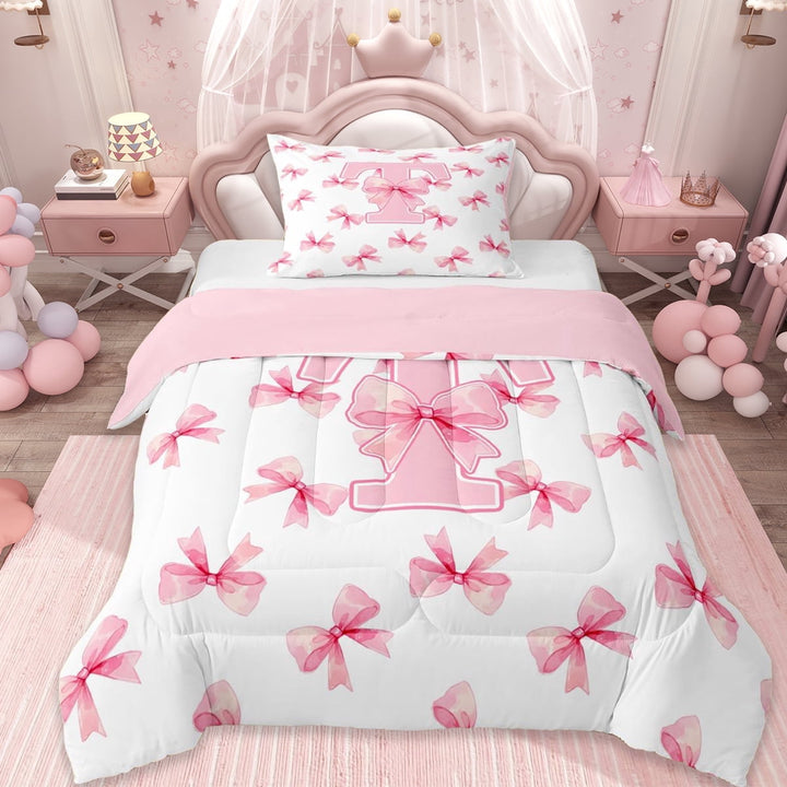 Erosebridal Dreamy Princess Style Twin Comforter Sets,Pink Bowtie Monogrammed T Bedding Set For Princess, Reversible 2 Pieces