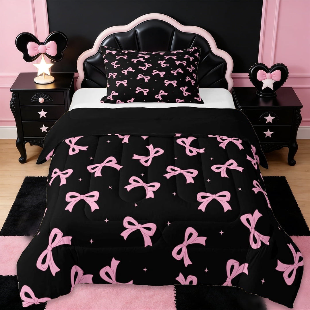 Erosebridal Cute Pink Bowtie Kids Twin Comforter Sets,Pink Black Dreamy Princess Style Bedding Set For Girls,Black Reversible,2 Pieces