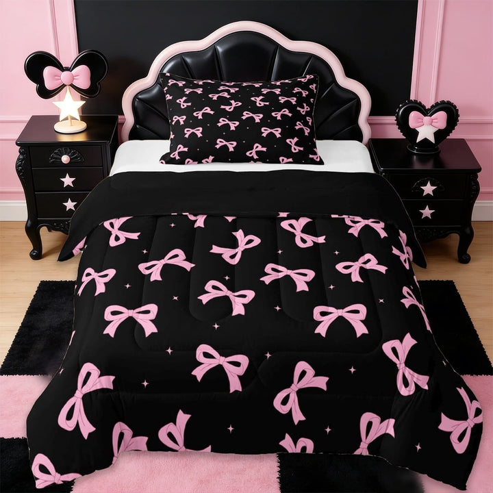 Erosebridal Cute Pink Bowtie Kids Twin Comforter Sets,Pink Black Dreamy Princess Style Bedding Set For Girls,Black Reversible,2 Pieces