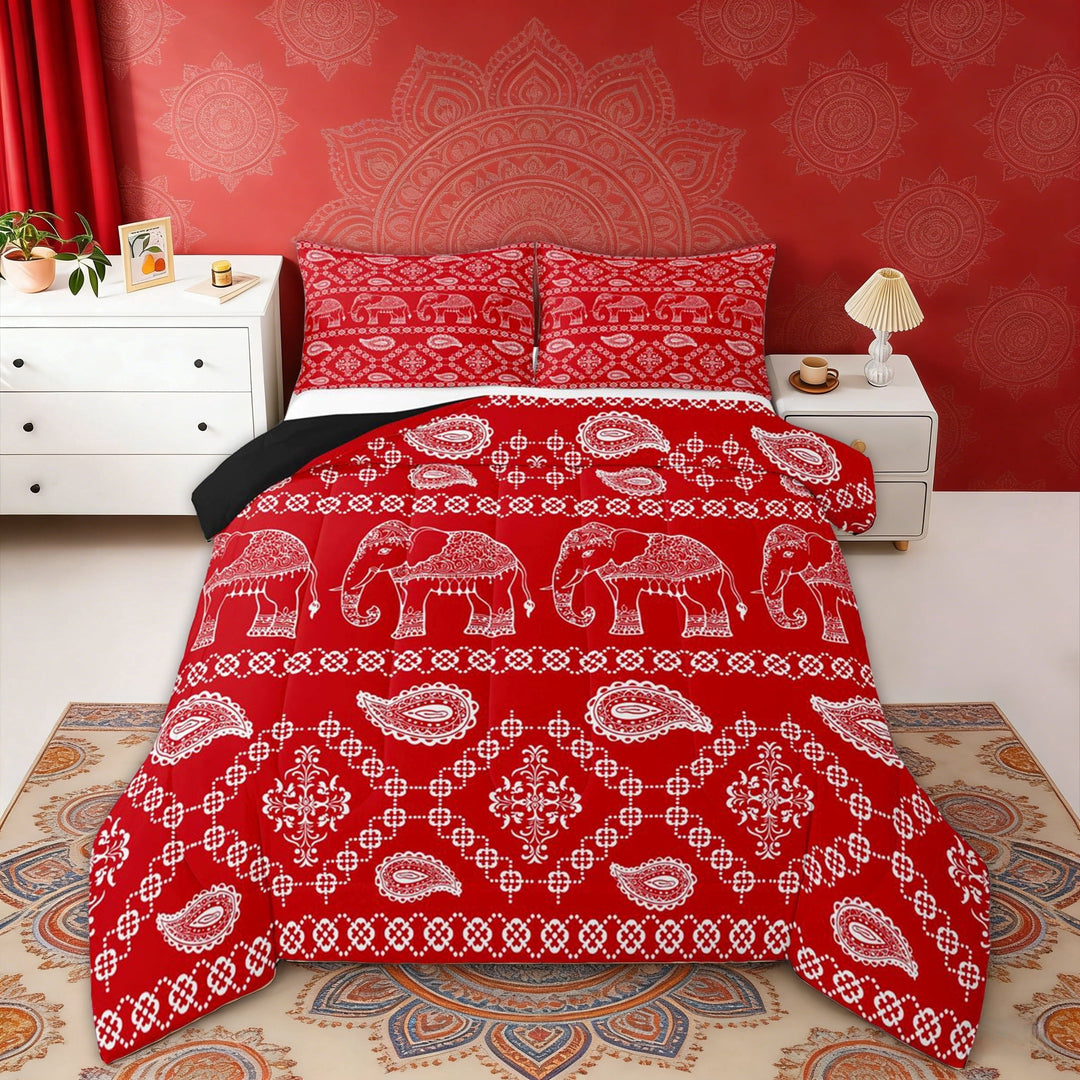 Erosebridal Bohemian Red Paisley Full Size Comforter Sets, Hippie Elephant Bedding Sets, Black Reversible 3pcs, 1 Comforter and 2 Pillowcases
