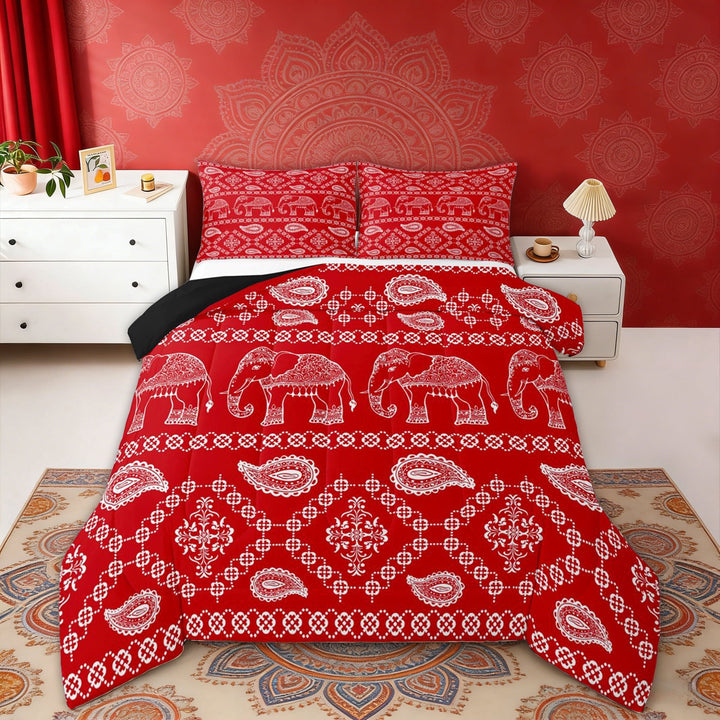 Erosebridal Bohemian Red Paisley Full Size Comforter Sets, Hippie Elephant Bedding Sets, Black Reversible 3pcs, 1 Comforter and 2 Pillowcases