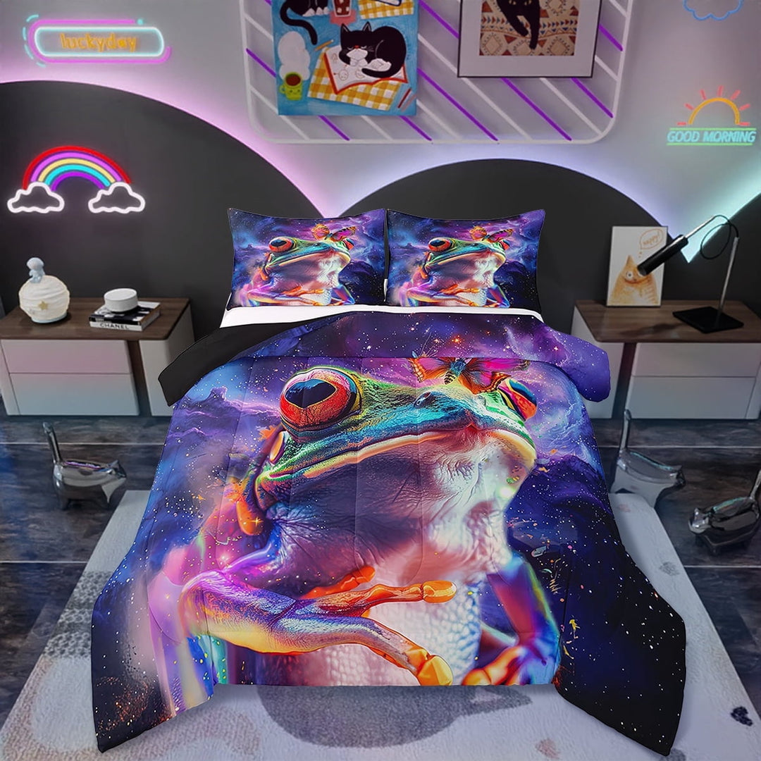 Erosebridal Watercolor Frog Bedding Full Size Purple Navy Blue Comforter Set Full, Woodland Wildlife Duvet Insert Cute Animal Quilt Comforter , Glitter Stars Galaxy 05