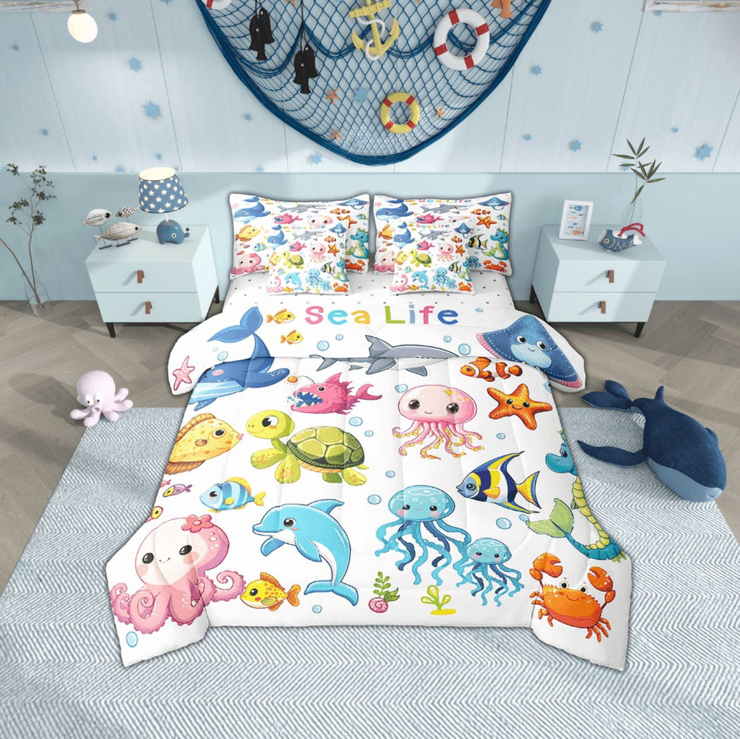 Erosebridal Sea Turtle Jellyfish Bedding Sets Twin Size,Animal Dolphin Comforter Sets with Sheets,Ocean Widlife Bed in a Bag Twin size,Breathable Teen Bedroom Decor,Reversible,7-Piece