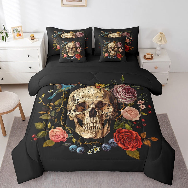 Erosebridal Sugar Skull Queen Comforter Set 7 Piece Bed In A Bag With Sheet Set,Pillow Covers,Gothic Skull Bedding Set Exotic Tribal Flower Skeleton Bones Bedding Comforter Sets Reversible Black