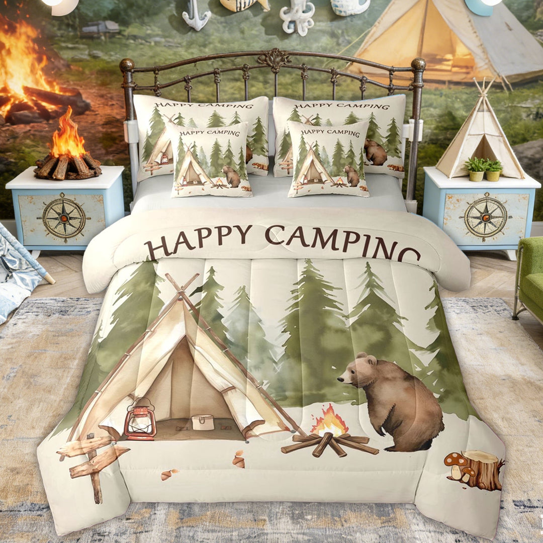 Erosebridal Bear Tent Camping Twin Bedding Sets, Happy Camping Bedding Comforter Set for Boys and Girls, 7 Pieces
