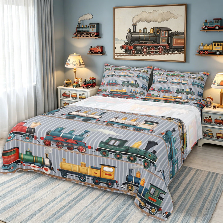 meiyoeat Vintage Steam Train Bed Sheets for Kids Boys, Retro Locomotive Car Full Size Sheets, Multicolor Gray, 4-Piece