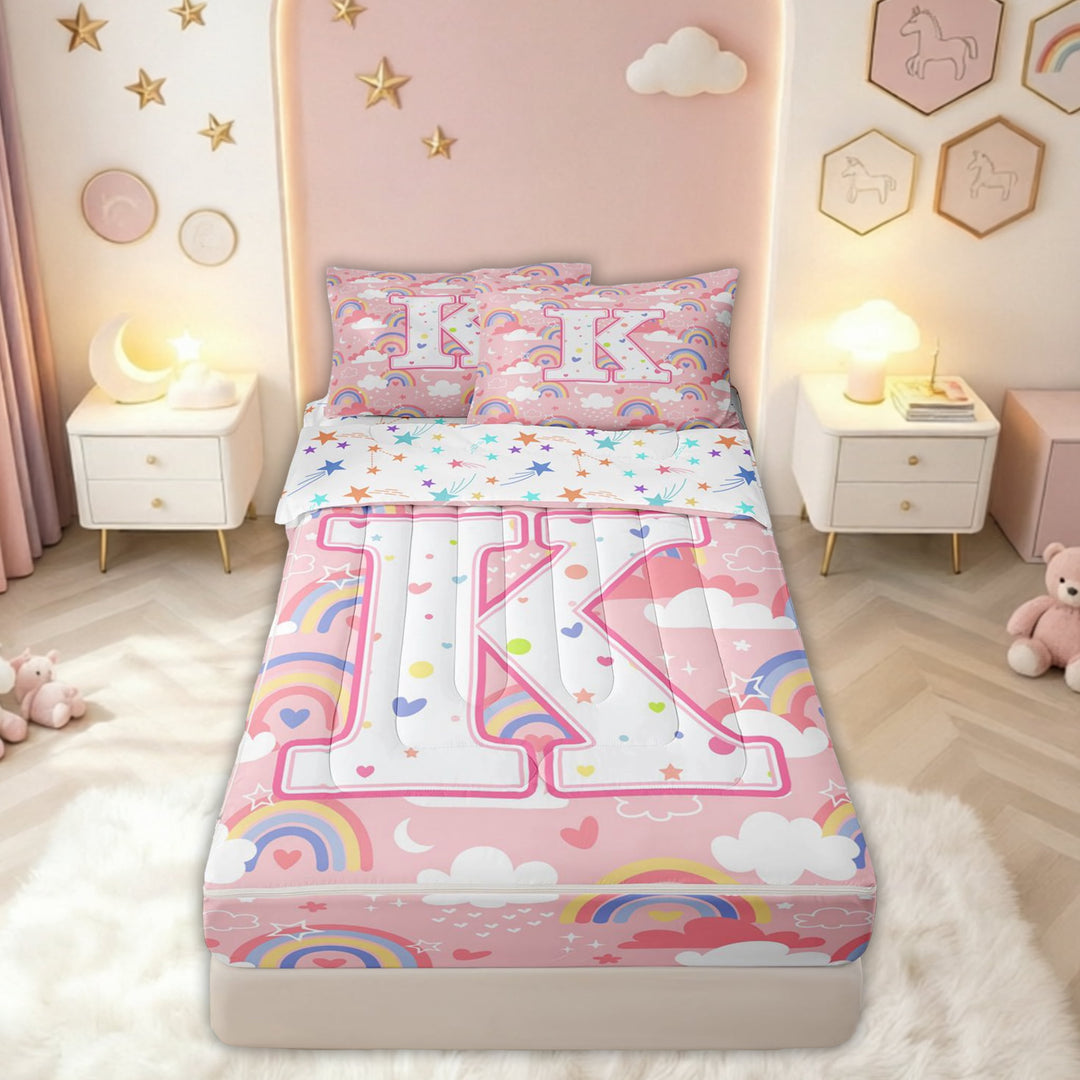 meiyoeat Rainbow Letter K Zipper Comforter Set with Fitted Sheet and 2 Pillowcases for Girls Kids, Cartoon Cloud Zipper Bedding Set for Bedroom, Pink, Colorful Star Reversible, 3 Pieces