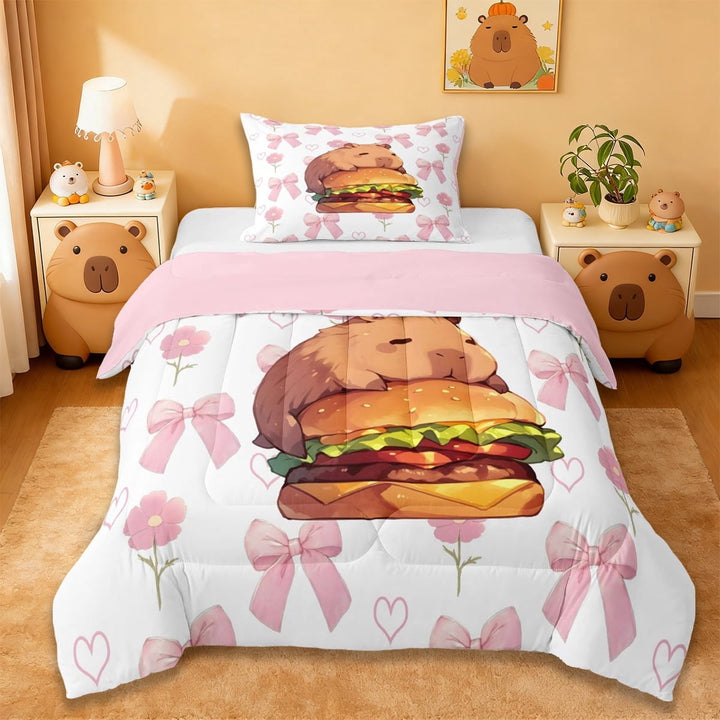 Erosebridal Kawaii Rodent Animal Capybara Twin Comforter Sets,Kawaii Bowtie Lovers Bedding Set For Kids ,Reversible Pink 2pcs