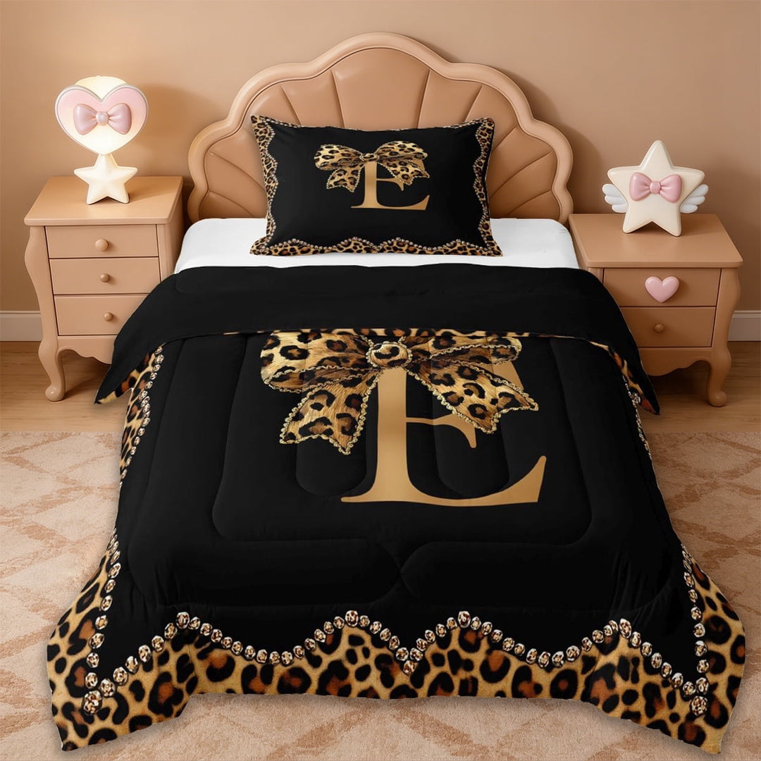 Erosebridal Cheetah Pattern Letter E Twin Comforter Sets,Kids Leopard Printed Bedding Set For Bow Girls,Reversible black,2pcs