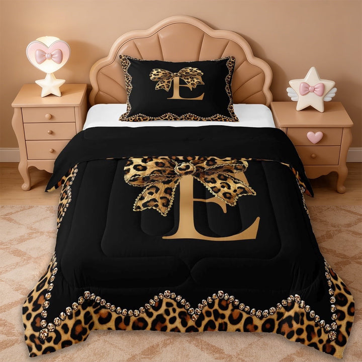 Erosebridal Cheetah Pattern Letter E Twin Comforter Sets,Kids Leopard Printed Bedding Set For Bow Girls,Reversible black,2pcs
