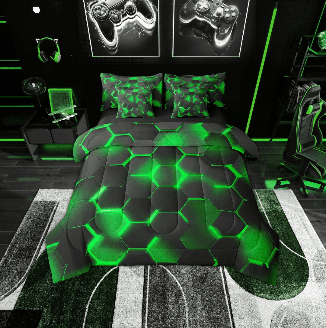 Erosebridal Chic Geometry Bedding Twin Size, Neon Green Bed Set, Honeycomb Stripe Reversible Bedding Sets Twin Size, Microfiber Bedroom Decorative, 7pcs