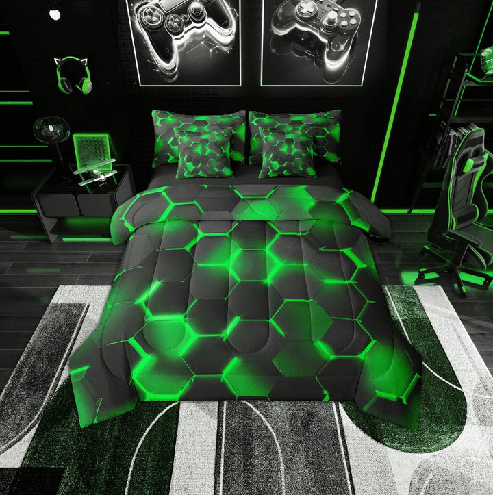 Erosebridal Chic Geometry Bedding Twin Size, Neon Green Bed Set, Honeycomb Stripe Reversible Bedding Sets Twin Size, Microfiber Bedroom Decorative, 7pcs
