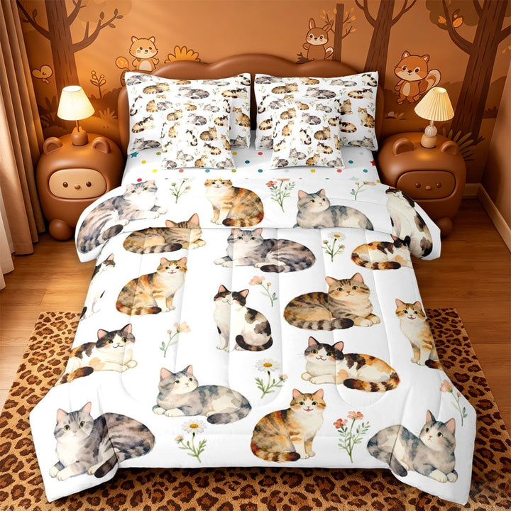 meiyoeat Watercolor Cat Flower Pattern 7 Pieces Full Size Bedding Sets,Animal Print Full Size Bed in a Bag For Girl,Reversible