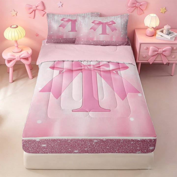 meiyoeat Personalized Bow Gifts Zipper Full Size Comforter Sets with Fitted Sheet and 2 Pillowcases,Pink Bowknot Letter Print T Zipper Bedding Set For Bow Lovers,4 Pieces