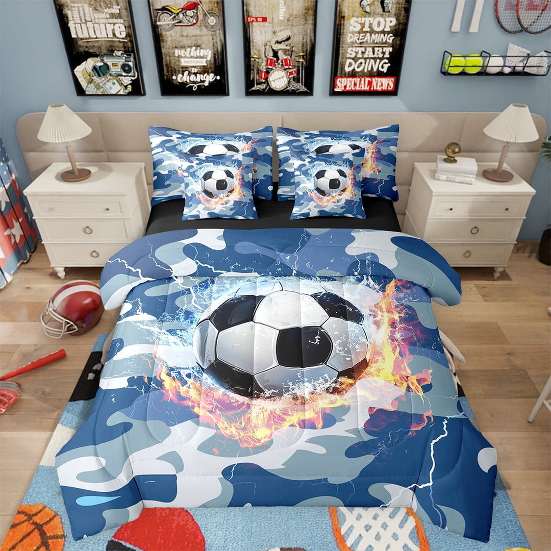 7 Piece Football Bedding Set Bed In A Bag Queen Size, Soccer Comforter Set Camouflage Sheet Set Teens Adult, Army Blue Camo Sports Games Bed Set With Pillow Cases,Reversible