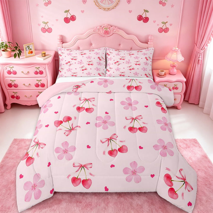 Manfei Pink Bow Full Size Comforter Sets For Girls,Kawaii Cherry Print Bedding Sets For Kids,Pink Reversible,3 Pieces