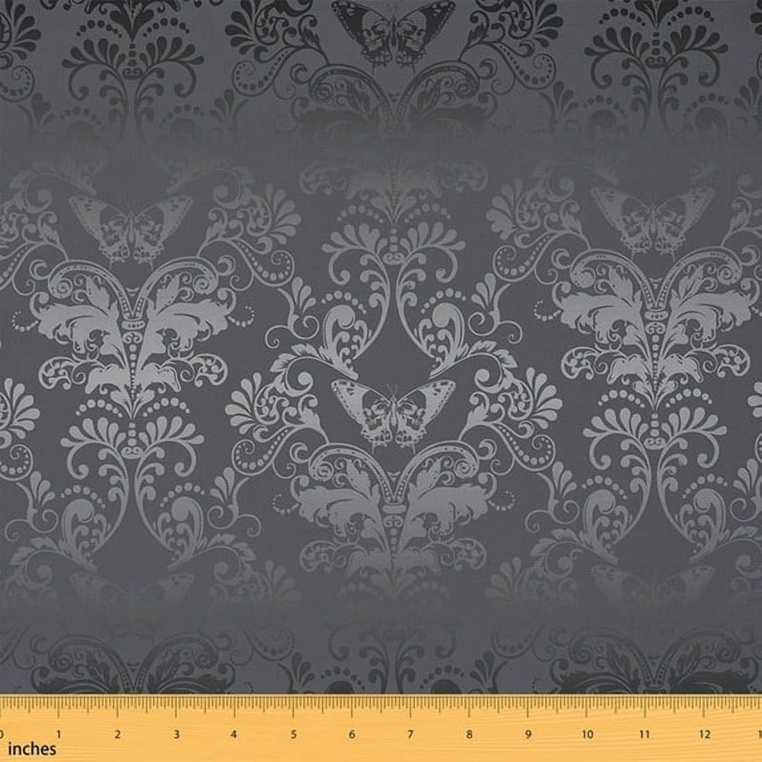 Manfei Grey Damask Fabric By The Yard,Exotic Butterfly Upholstery Fabric,Bohemian Butterflies Floral Print Decorative Fabric,Gothic Style Indoor Outdoor Fabric,Black Grey,2 Yards