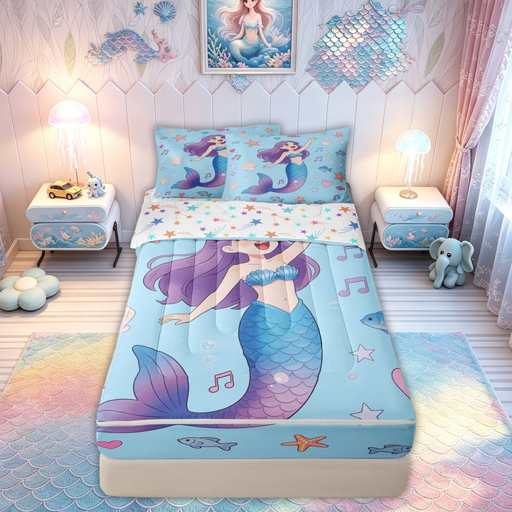 meiyoeat Fairy Sea Mermaid Princess Zipper Comforter Set with Fitted Sheet and 2 Pillowcases for Kids Boys Girls, Music Note Starfish Zipper Bedding Set, Blue, Colorful Star Reversible, 3pcs