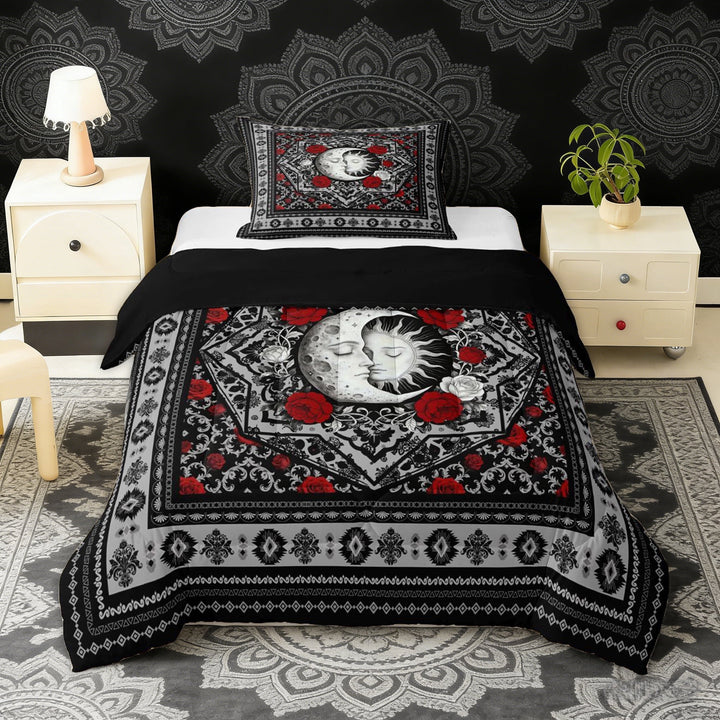 Erosebridal Boho Sun and Moon Twin Comforter Sets, Bohemian Aztec Mandala Bedding Set, Black Gray Red, Black Reversible 2pcs, 1 Comforter and 1 Pillowcase