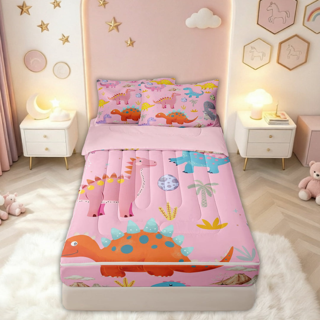 meiyoeat Kawaii Dinosaur Zipper Comforter Set with Fitted Sheet and 2 Pillowcases for Girls Kids, Volcano Dino Zipper Bedding Set, Pink, Pink Reversible, 3-Piece