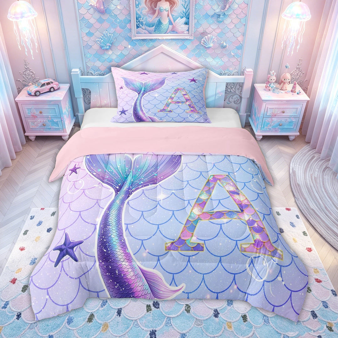 meiyoeat Mermaid Scale A Initial Full Size Comforter Sets for Girls, Ocean Starfish Bedding Comforter Set, Purple Blue, Pink Reversible 3pcs, 1 Comforter and 2 Pillowcases