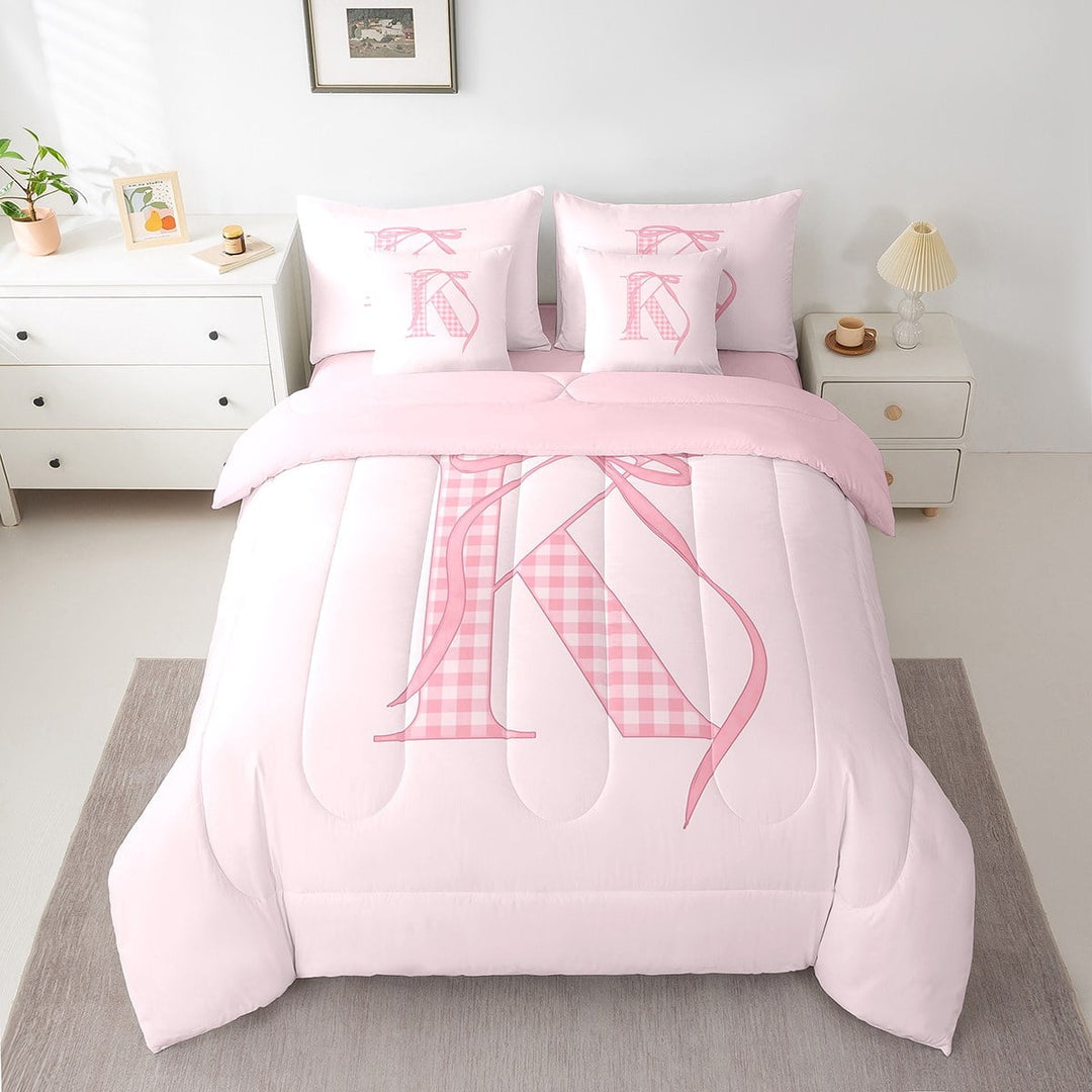 Erosebridal Plaid Initial K Bedding Sets Queen Size, Kawaii Ribbon Comforter Sets with Sheets, Cartoon Bow Decor, Reversible 7pcs