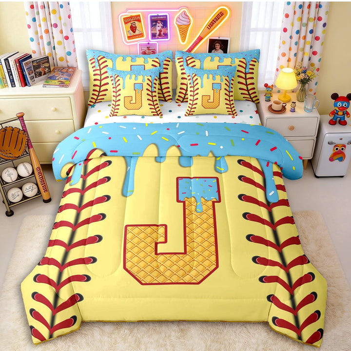 Erosebridal Light Blue Dripping Baseball Stitch &amp; Waffle Letter J Graphic Twin Bedding Sets 7-Piece, Alphabet Graphic Bedding Comforter Set for Boys And Girls Kids,Microfiber Bedroom Decor